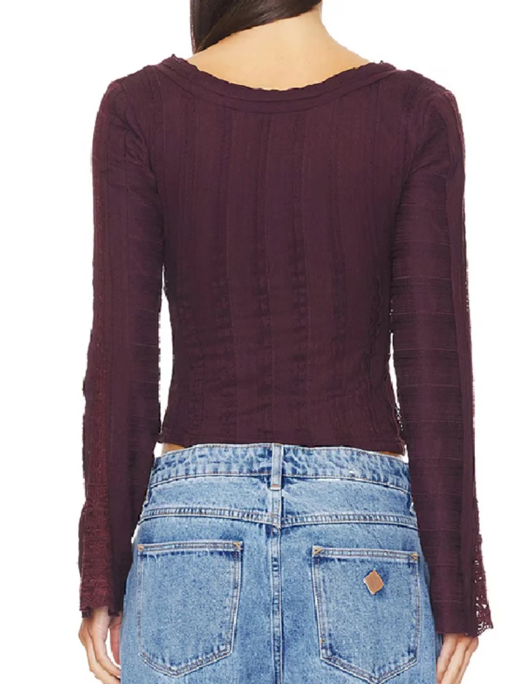 Free People Rocky Long Sleeve Textured Boho Top Wine Tasting Size Medium